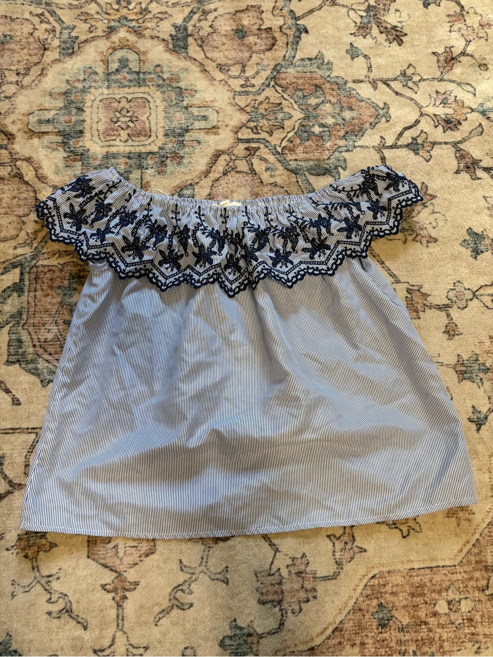Striped Off-Shoulder Embroidered Blouse - Blue